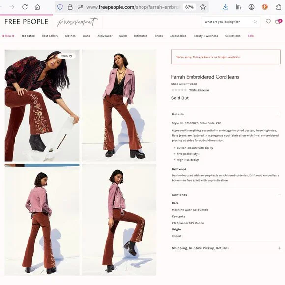 Free People x Driftwood Farrah Embroidered Cord Jeans Sz 28 - Picture 13 of 15